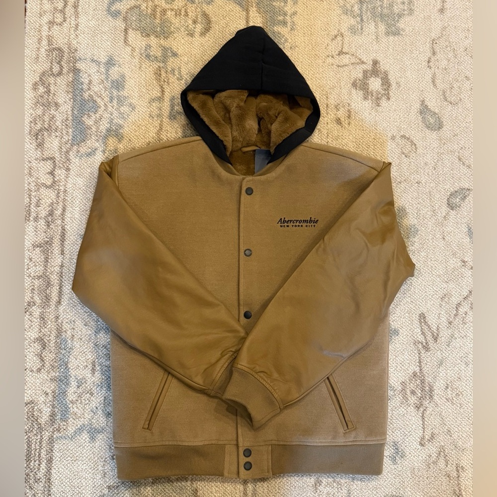 NWT Abercrombie Kids Brown Bomber Jacket with Black Hood